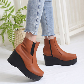 [GIRLS GOOB] Women's Comfortable Wedge Platform Boots, Synthetic Leather + Band - Made in KOREA